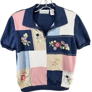 Alfred Dunner Sweater Women PXL Blue Patchwork Floral Granny Coastal Cottagecore
